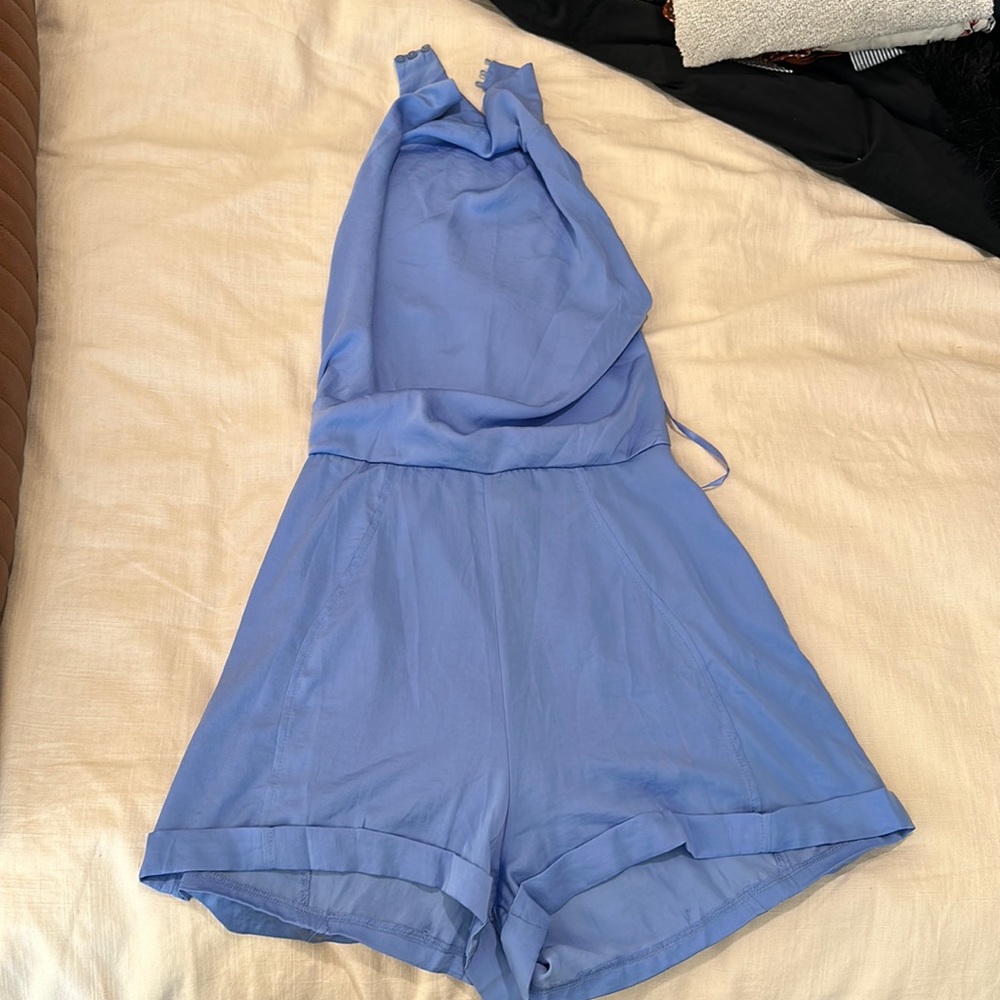 Blue high neck silk romper